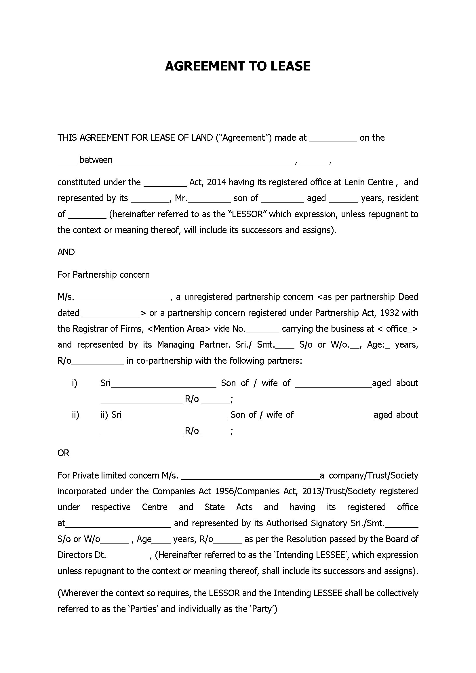 Agreement To Lease